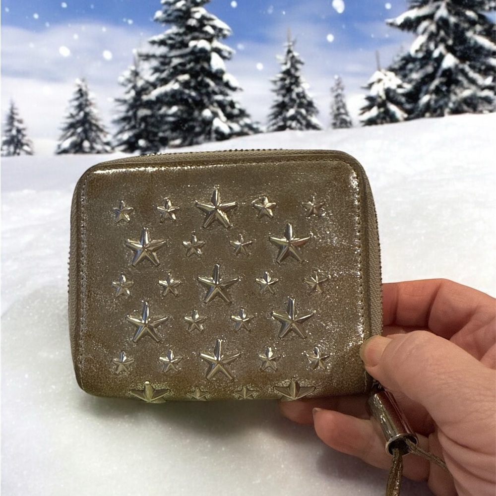 Metallic Gold Star-Embellished Zip Wallet